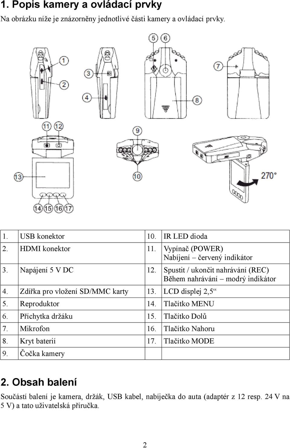 Zdířka pro vložení SD/MMC karty 13. LCD displej 2,5 5. Reproduktor 14. Tlačítko MENU 6. Příchytka držáku 15. Tlačítko Dolů 7. Mikrofon 16. Tlačítko Nahoru 8.