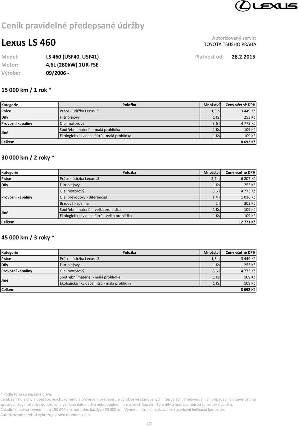 692 Kč 30 000 km / 2 roky * Práce Práce - údržba Lexus LS 2,7 h 6 207 Kč Olej motorový 8,6 l 4 773 Kč