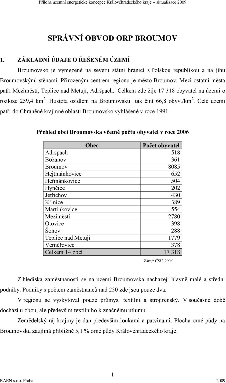 Hustota osídlení na Broumovsku tak činí 66,8 obyv./km 2. Celé území patří do Chráněné krajinné oblasti Broumovsko vyhlášené v roce 1991.