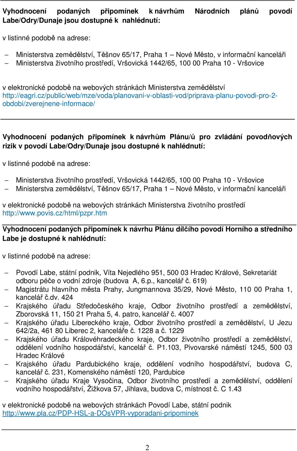 cz/public/web/mze/voda/planovani-v-oblasti-vod/priprava-planu-povodi-pro-2- obdobi/zverejnene-informace/ Vyhodnocení podaných připomínek k návrhům Plánu/ů pro zvládání povodňových rizik v povodí