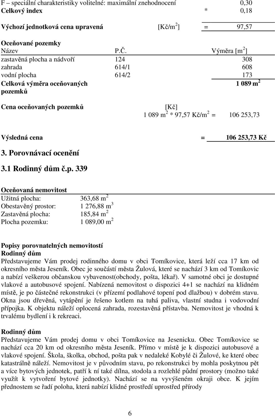 253,73 Výsledná cena = 106 253,73 Kč 3. Porovnávací ocenění 3.1 Rodinný dům č.p.