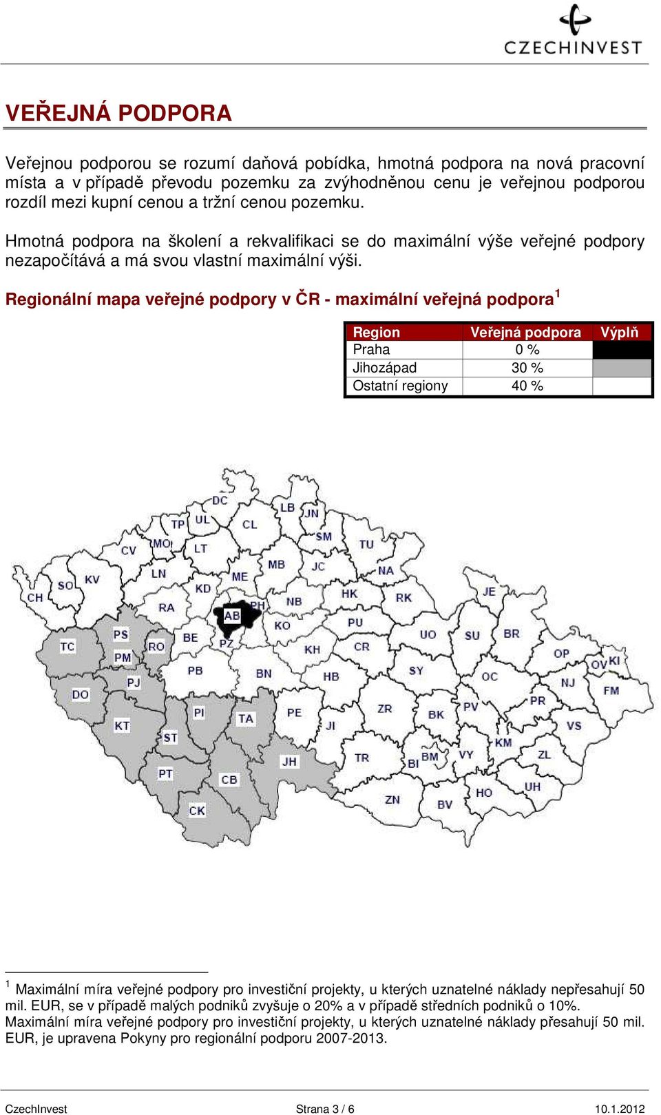 Regionální mapa veřejné podpory v ČR - maximální veřejná podpora 1 Region Veřejná podpora Výplň Praha 0 % Jihozápad 30 % statní regiony 40 % 1 Maximální míra veřejné podpory pro investiční projekty,