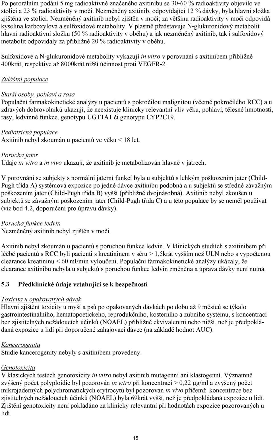 Nezměněný axitinib nebyl zjištěn v moči; za většinu radioaktivity v moči odpovídá kyselina karboxylová a sulfoxidové metabolity.