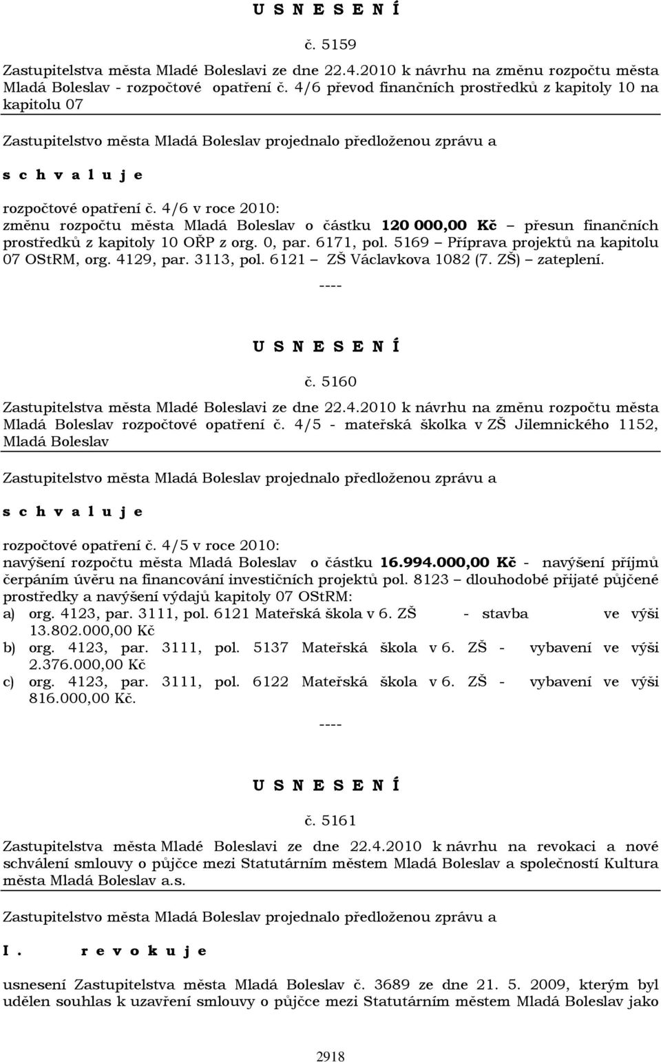 4/6 v roce 2010: změnu rozpočtu města Mladá Boleslav o částku 120 000,00 Kč přesun finančních prostředků z kapitoly 10 OŘP z org. 0, par. 6171, pol. 5169 Příprava projektů na kapitolu 07 OStRM, org.