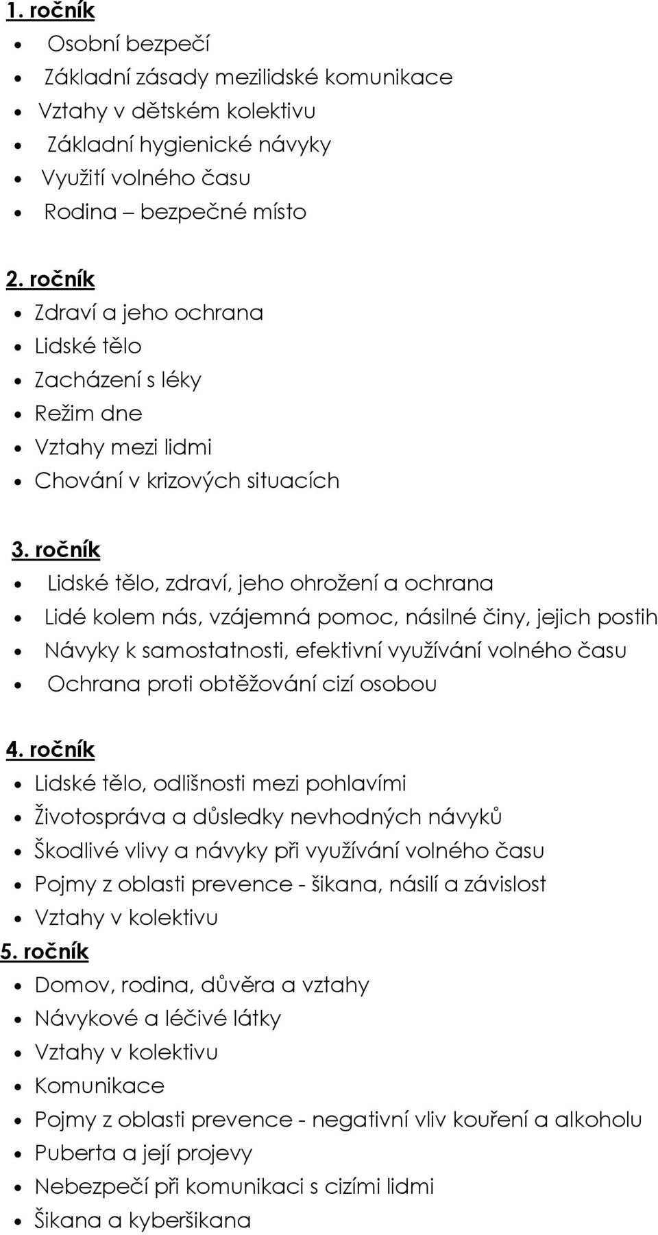 ročník Lidské tělo, zdraví, jeho ohrožení a ochrana Lidé kolem nás, vzájemná pomoc, násilné činy, jejich postih Návyky k samostatnosti, efektivní využívání volného času Ochrana proti obtěžování cizí