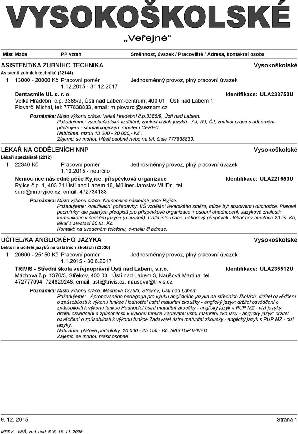 Požadujeme: vysokoškolské vzdělání, znalost cizích jazyků - AJ, RJ, ČJ, znalost práce s odborným přístrojem - stomatologickým robotem CEREC. Nabízíme: mzdu 3 000-20 000,- Kč.