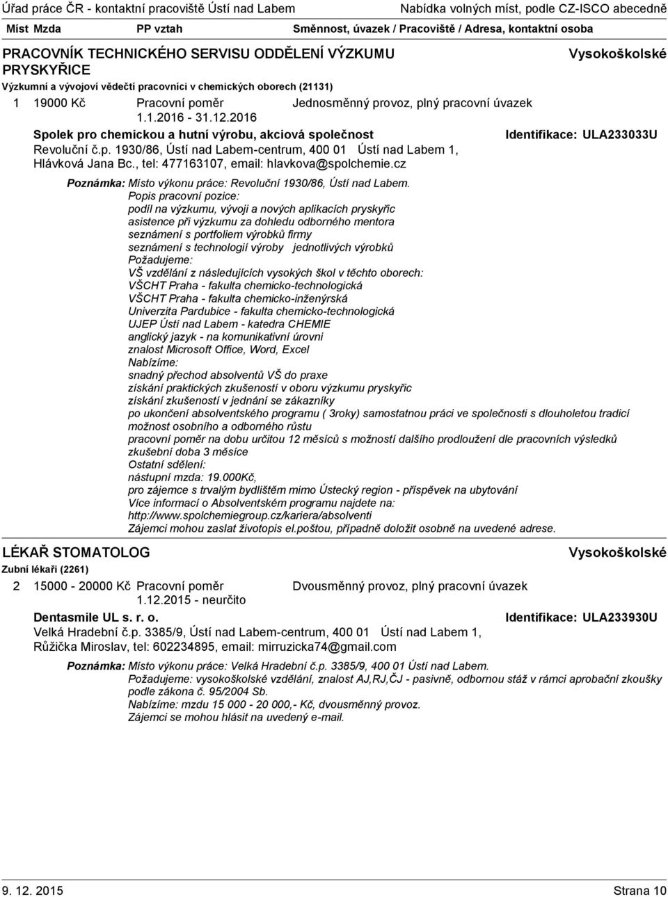 , tel: 4776307, email: hlavkova@spolchemie.cz Poznámka: Místo výkonu práce: Revoluční 930/86, Ústí nad Labem.