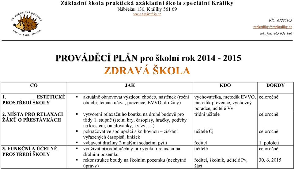 FUNKČNÍ A ÚČELNÉ PROSTŘEDÍ ŠKOLY aktuálně obnovovat výzdobu chodeb, nástěnek (roční období, témata učiva,, EVVO, družiny) vytvoření relaxačního koutku na druhé budově pro třídy 1.