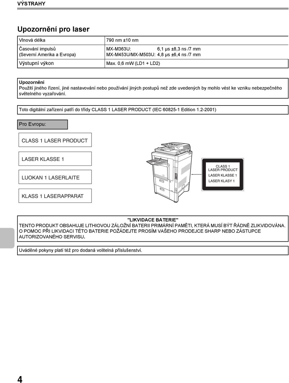 Toto digitální zařízení patří do třídy CLASS 1 LASER PRODUCT (IEC 60825-1 Edition 1.