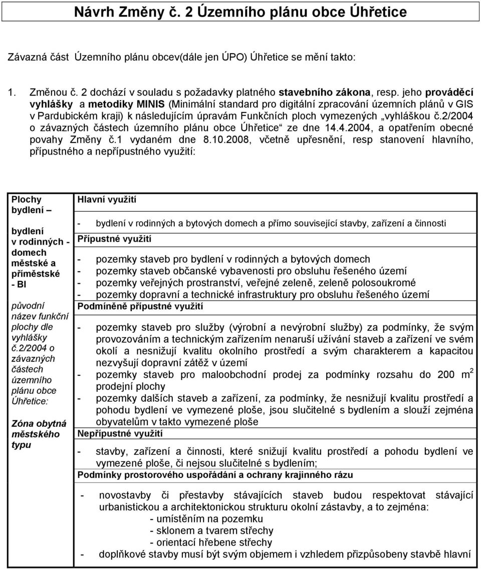 2/2004 o Úhřetice ze dne 14.4.2004, a opatřením obecné povahy Změny č.1 vydaném dne 8.10.