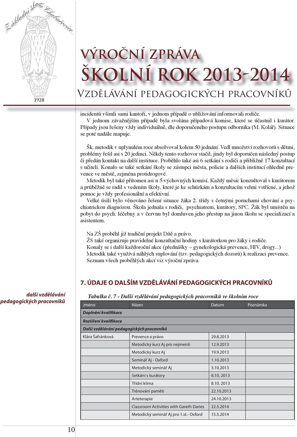 Situace se poté nadále mapuje. Šk. metodik v uplynulém roce absolvoval kolem 50 jednání. Vedl množství rozhovorů s dětmi, problémy řešil asi s 20 jedinci.