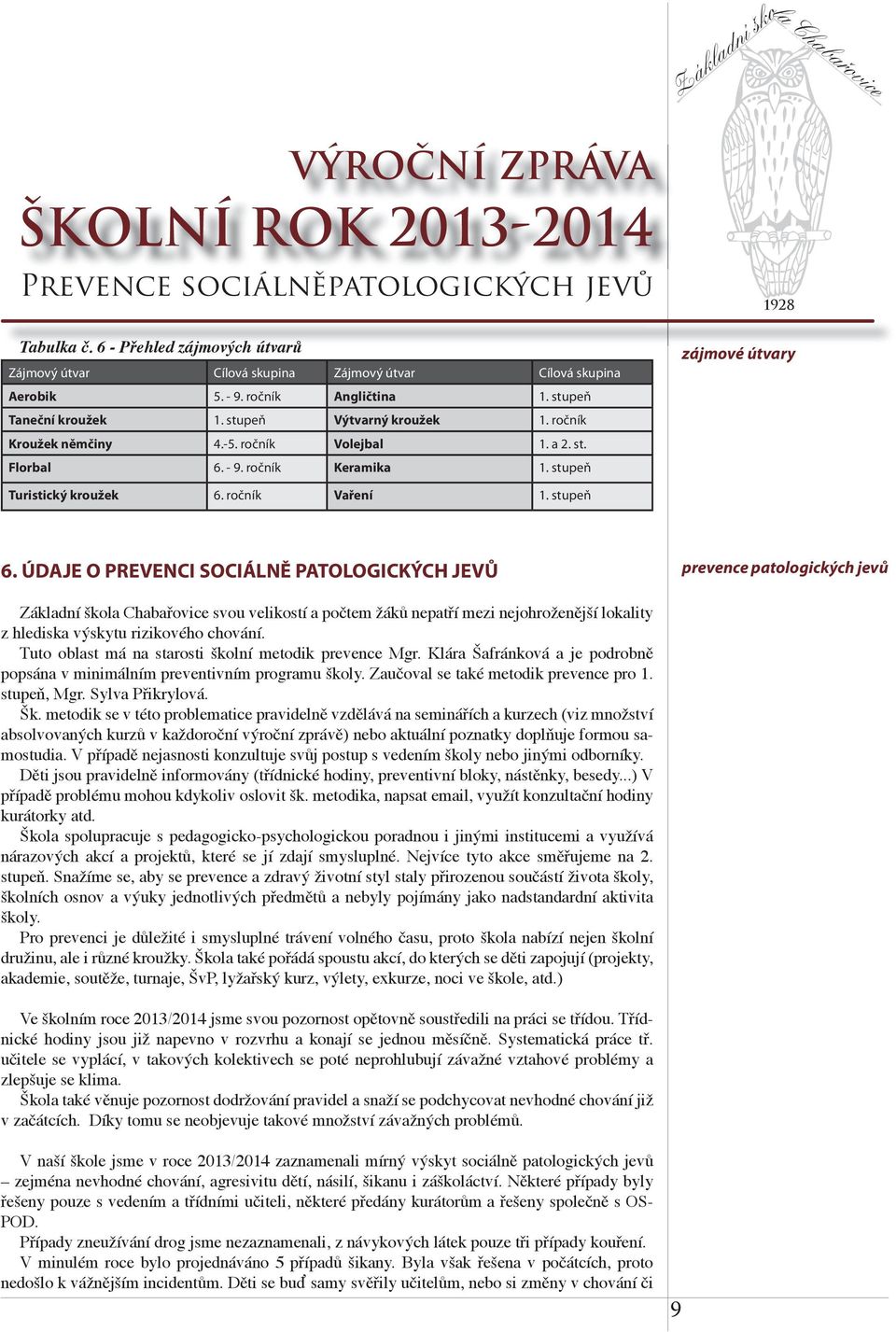 ÚDAJE O PREVENCI SOCIÁLNĚ PATOLOGICKÝCH JEVŮ prevence patologických jevů Základní škola Chabařovice svou velikostí a počtem žáků nepatří mezi nejohroženější lokality z hlediska výskytu rizikového