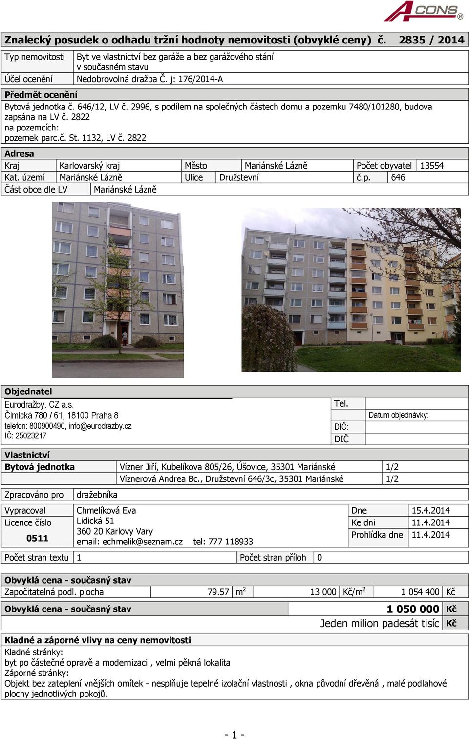 2996, s podílem na společných částech domu a pozemku 7480/101280, budova zapsána na LV č. 2822 na pozemcích: pozemek parc.č. St. 1132, LV č.