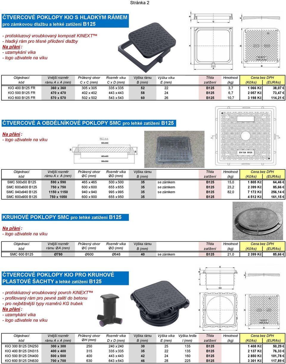 057 Kč 73,47 KIO 600 B125 FR 570 x 570 502 x 502 543 x 543 60 26 B125 10,7 3 198 Kč 114,21 ČTVERCOVÉ A OBDÉLNÍKOVÉ POKLOPY SMC pro lehké zatížení B125 kód rámu A x A (mm) ØC (mm) ØD (mm) B (mm)