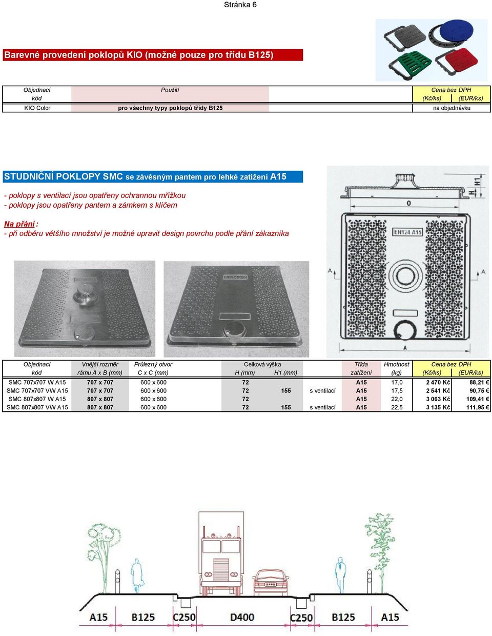 design povrchu podle přání zákazníka Objednací Vnější rozměr Průlezný otvor Celková výška Třída Hmotnost Cena bez DPH kód rámu A x B (mm) C x C (mm) H (mm) H1 (mm) zatížení (kg) (Kč/ks) (EUR/ks) SMC