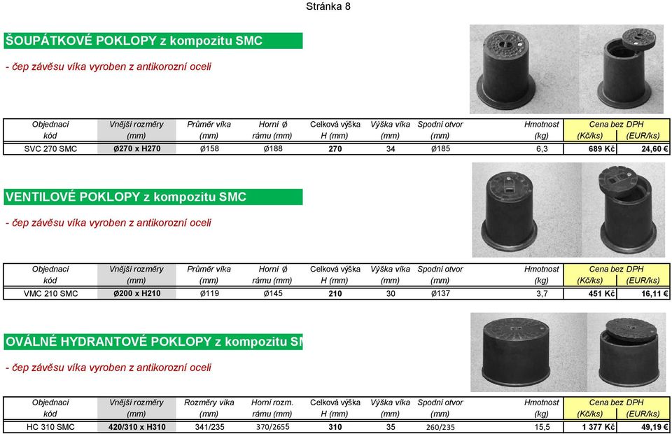oceli Objednací Vnější rozměry Průměr víka Horní Ø Celková výška Výška víka Spodní otvor Hmotnost Cena bez DPH kód (mm) (mm) rámu (mm) H (mm) (mm) (mm) (kg) (Kč/ks) (EUR/ks) VMC 210 SMC Ø200 x H210