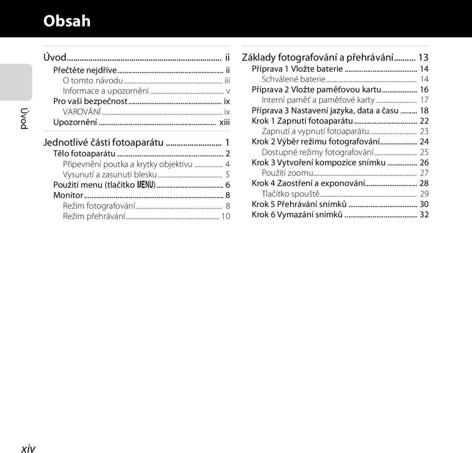 .. 10 Základy fotografování a přehrávání... 13 Příprava 1 Vložte baterie... 14 Schválené baterie... 14 Příprava 2 Vložte paměťovou kartu... 16 Interní paměť a paměťové karty.