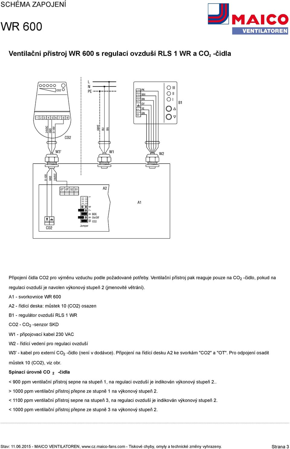A1 - svorkovnice A2 - řídící deska: můstek 10 (CO2) osazen B1 - regulátor ovzduší RLS 1 WR CO2 - CO2 -senzor SKD W1 - připojovací kabel 230 VAC W2 - řídící vedení pro regulaci ovzduší W3' - kabel pro