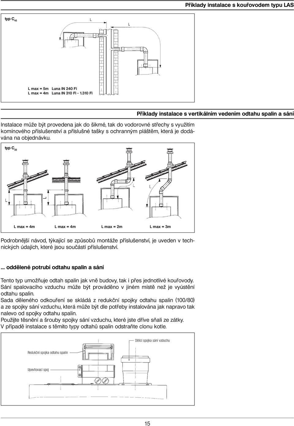 Příklady instalace s vertikálním vedením odtahu spalin a sání typ C 32 L max 4m L max 4m L max 2m L max 3m Podrobnější návod, týkající se způsobů montáže příslušenství, je uveden v technických