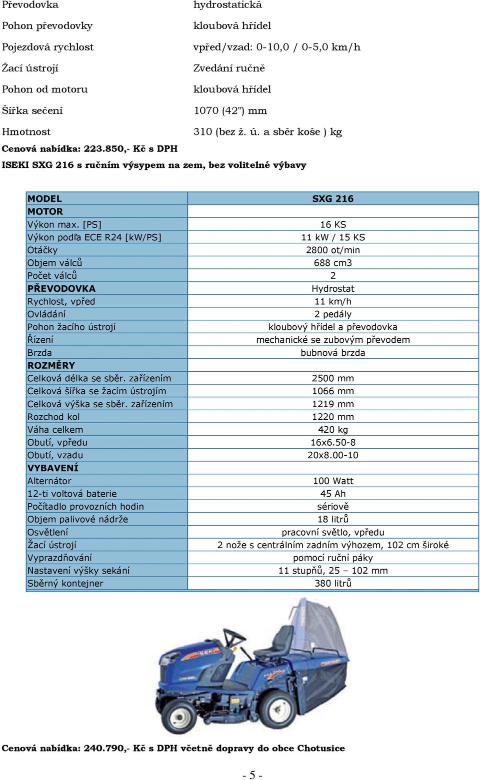 [PS] 16 KS Výkon podľa ECE R24 [kw/ps] 11 kw / 15 KS Otáčky 2800 ot/min Objem válců 688 cm3 Počet válců 2 PŘEVODOVKA Hydrostat Rychlost, vpřed 11 km/h Ovládání 2 pedály Pohon žacího ústrojí kloubový