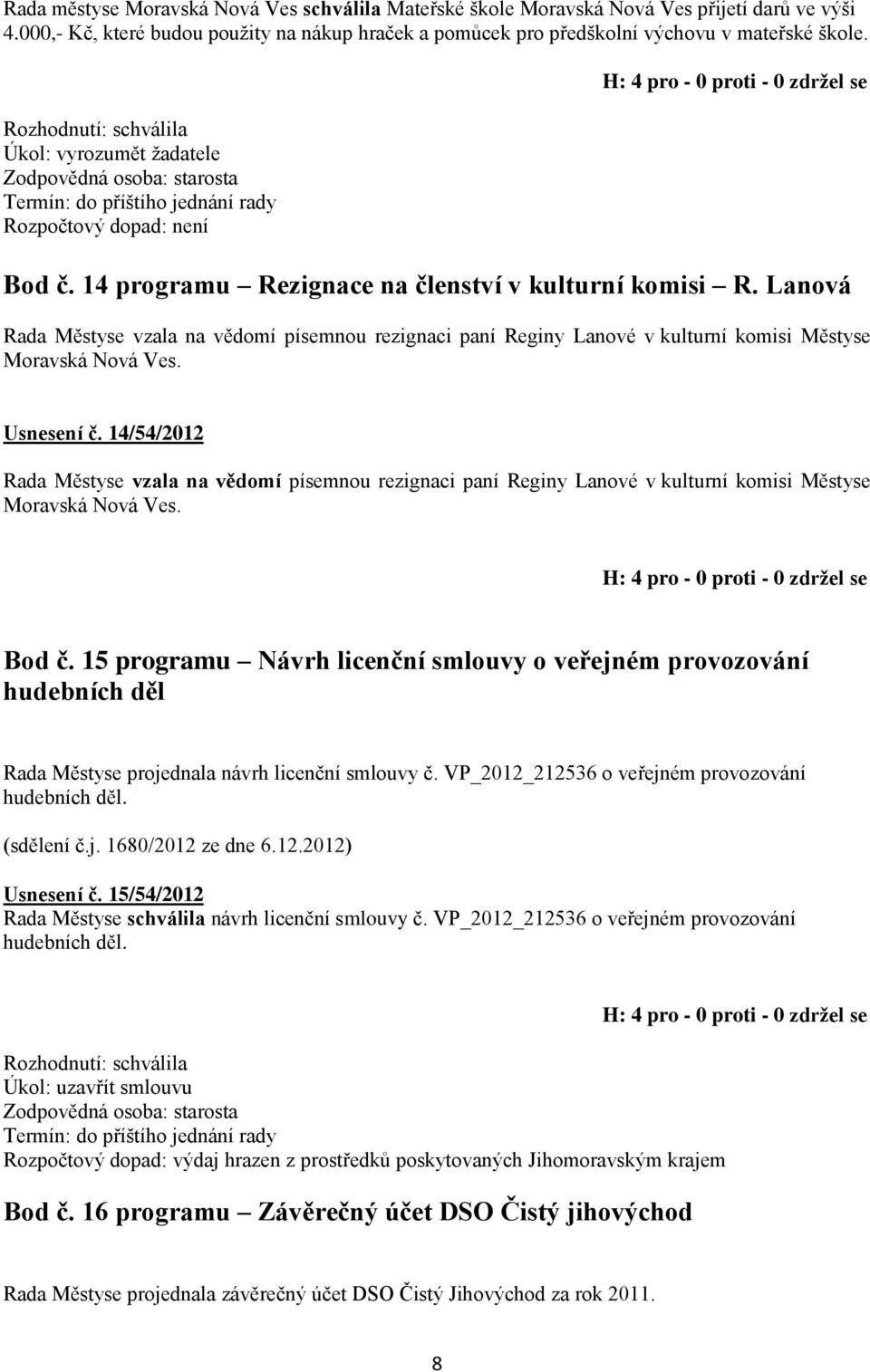 Lanová Rada Městyse vzala na vědomí písemnou rezignaci paní Reginy Lanové v kulturní komisi Městyse Moravská Nová Ves. Usnesení č.