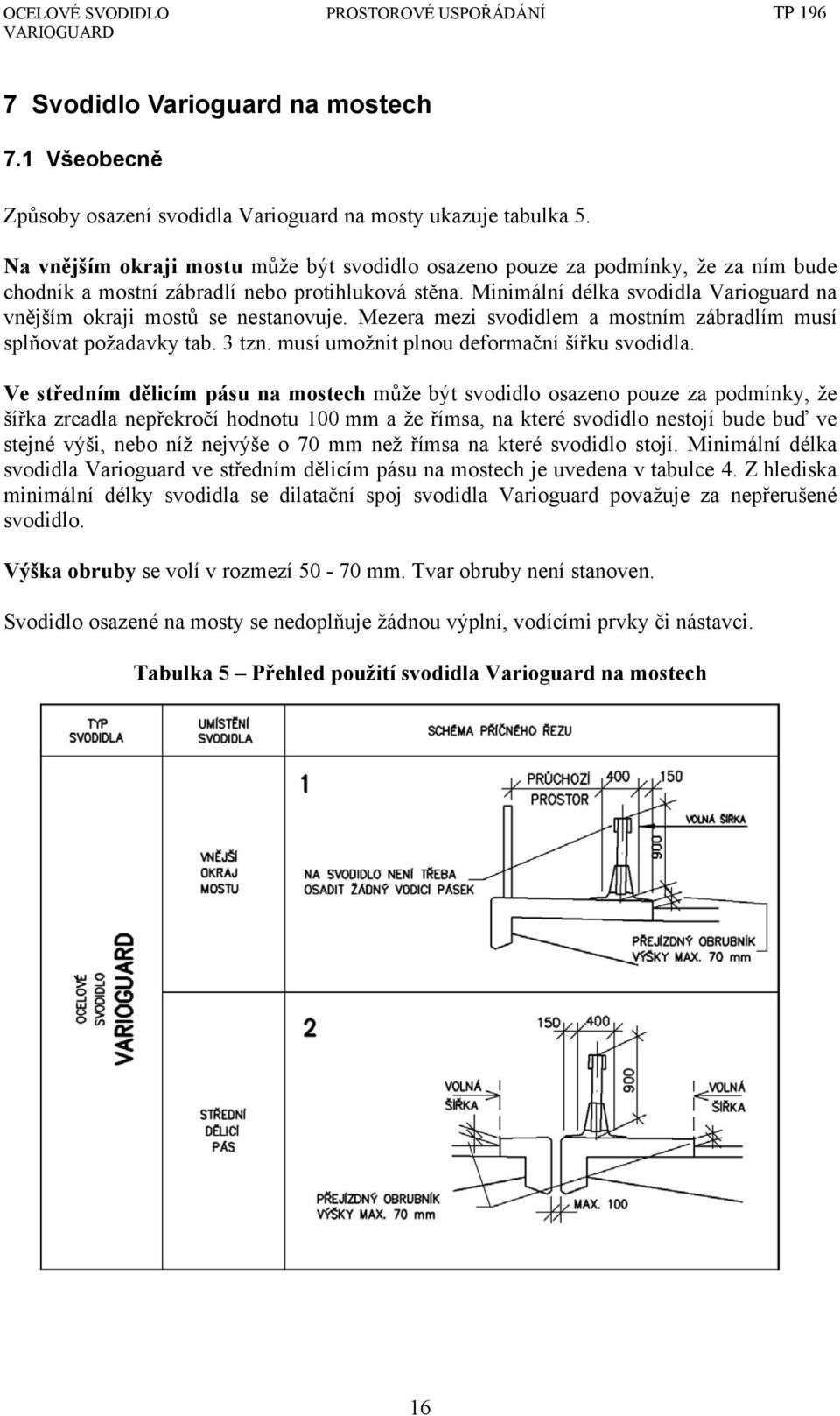 Minimální délka svodidla Varioguard na vnějším okraji mostů se nestanovuje. Mezera mezi svodidlem a mostním zábradlím musí splňovat požadavky tab. 3 tzn. musí umožnit plnou deformační šířku svodidla.