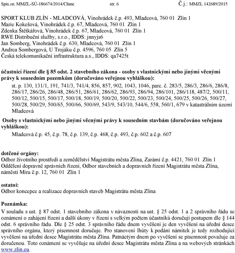 s., IDDS: qa7425t účastníci řízení dle 85 odst. 2 stavebního zákona - osoby s vlastnickými nebo jinými věcnými právy k sousedním pozemkům (doručováno veřejnou vyhláškou): st. p. 130, 131/1, 191, 741/3, 741/4, 856, 857, 902, 1043, 1046, parc.