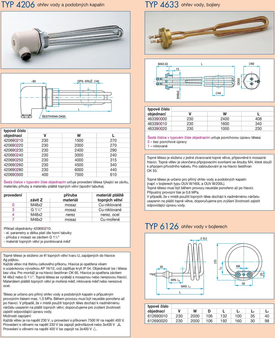 tabulka). provedení příruba materiál pláště závit Z materiál topných větví 0 M48x2 mosaz Cu-niklované 3 G 1 1 /2 mosaz Cu-niklované 4 M48x2 nerez nerez.