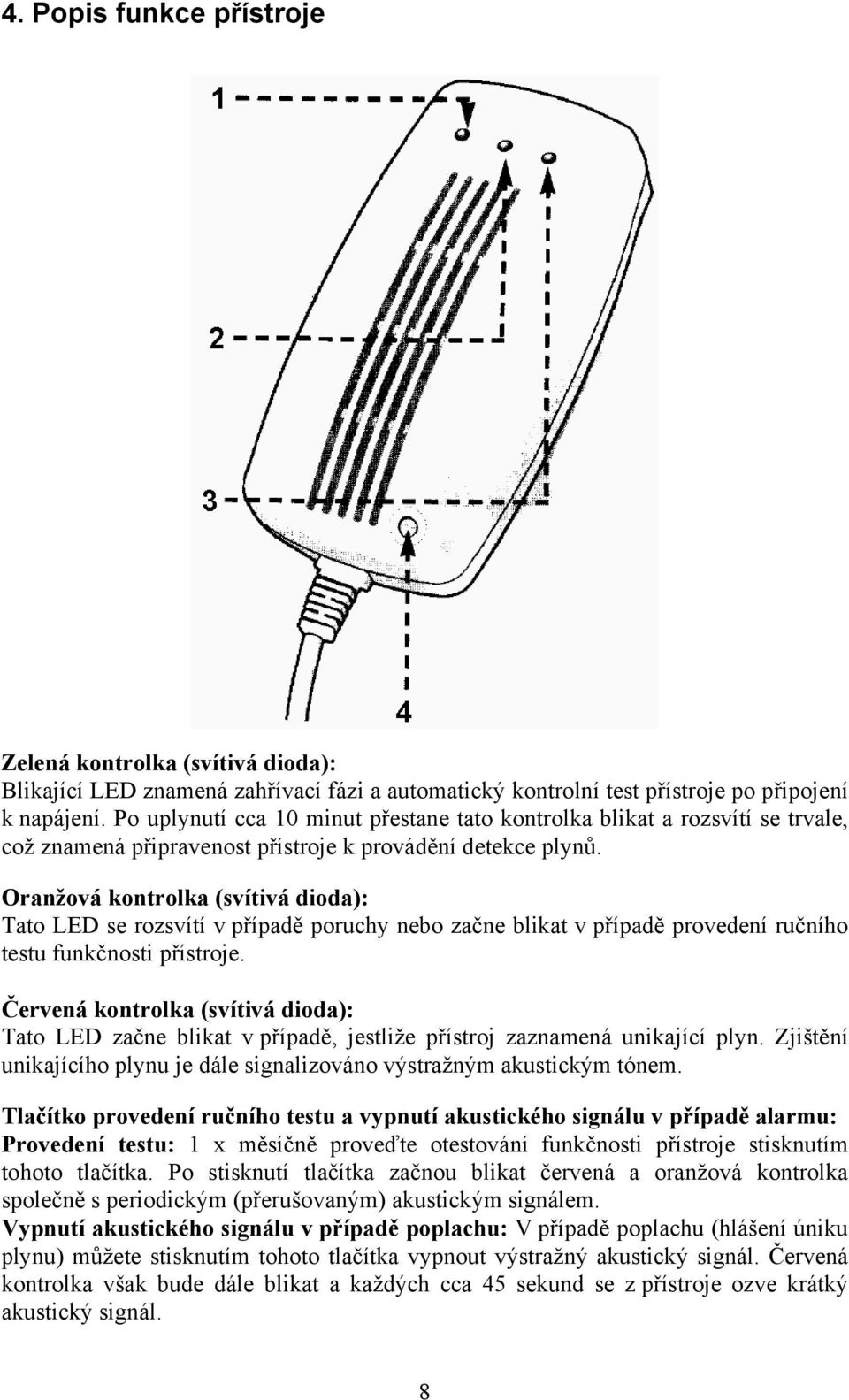 Oranžová kontrolka (svítivá dioda): Tato LED se rozsvítí v případě poruchy nebo začne blikat v případě provedení ručního testu funkčnosti přístroje.