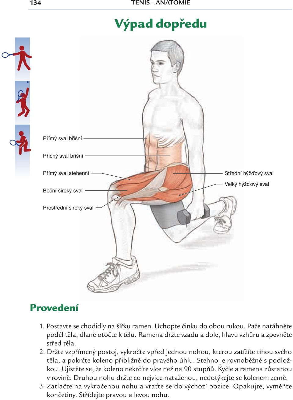 Držte vzpřímený postoj, vykročte vpřed jednou nohou, kterou zatížíte tíhou svého těla, a pokrčte koleno přibližně do pravého úhlu. Stehno je rovnoběžně s podložkou.