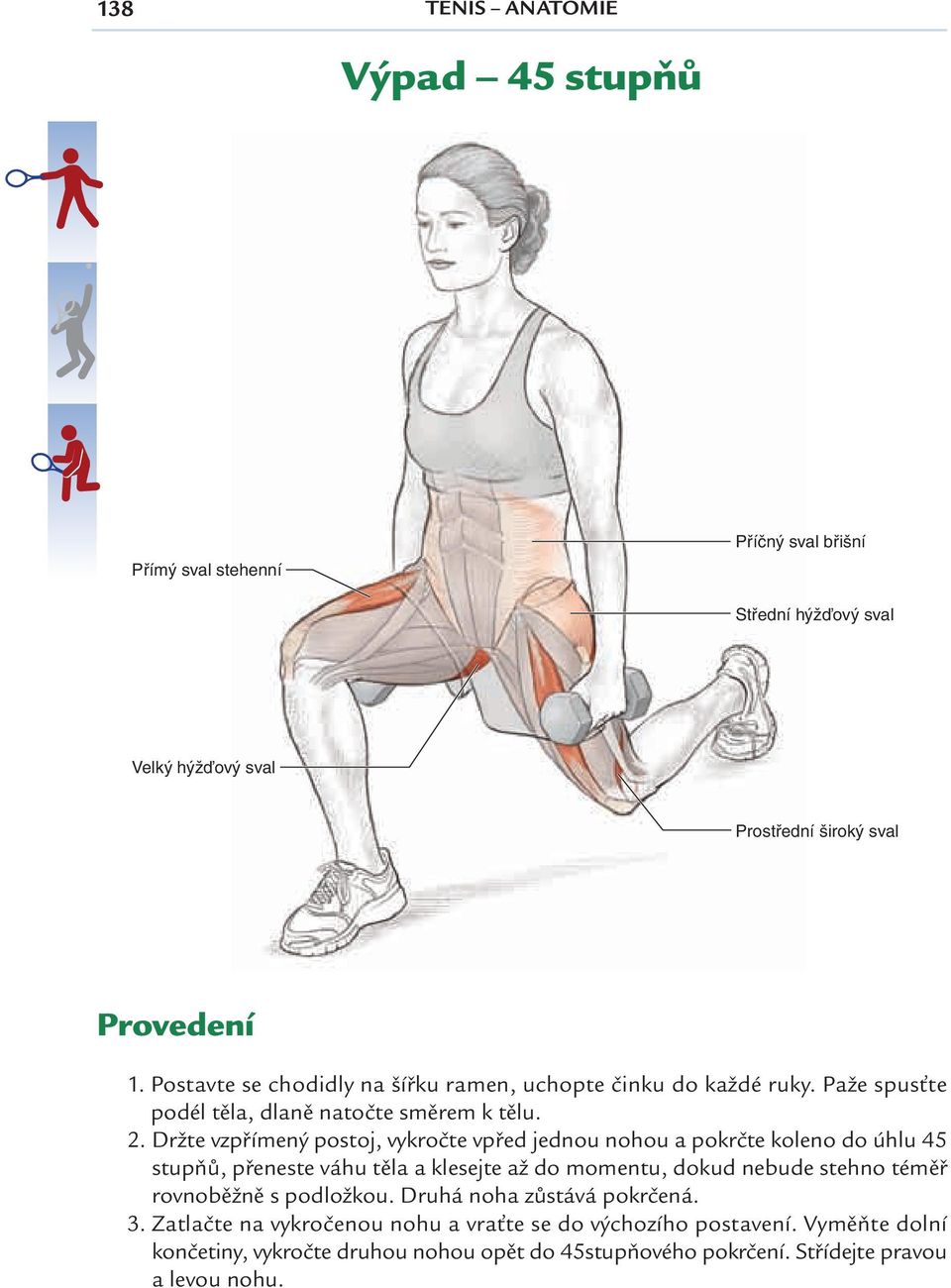 Držte vzpřímený postoj, vykročte vpřed jednou nohou a pokrčte koleno do úhlu 45 stupňů, přeneste váhu těla a klesejte až do momentu, dokud nebude stehno téměř