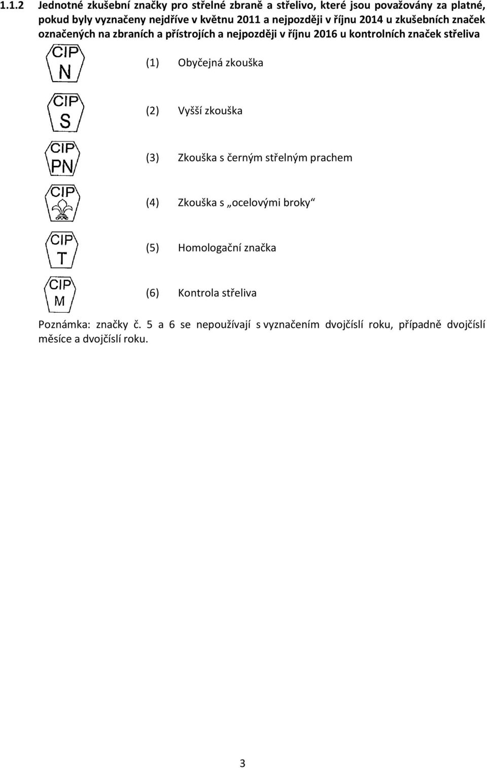 střeliva (1) Obyčejná zkouška (2) Vyšší zkouška (3) Zkouška s černým střelným prachem (4) Zkouška s ocelovými broky (5) Homologační