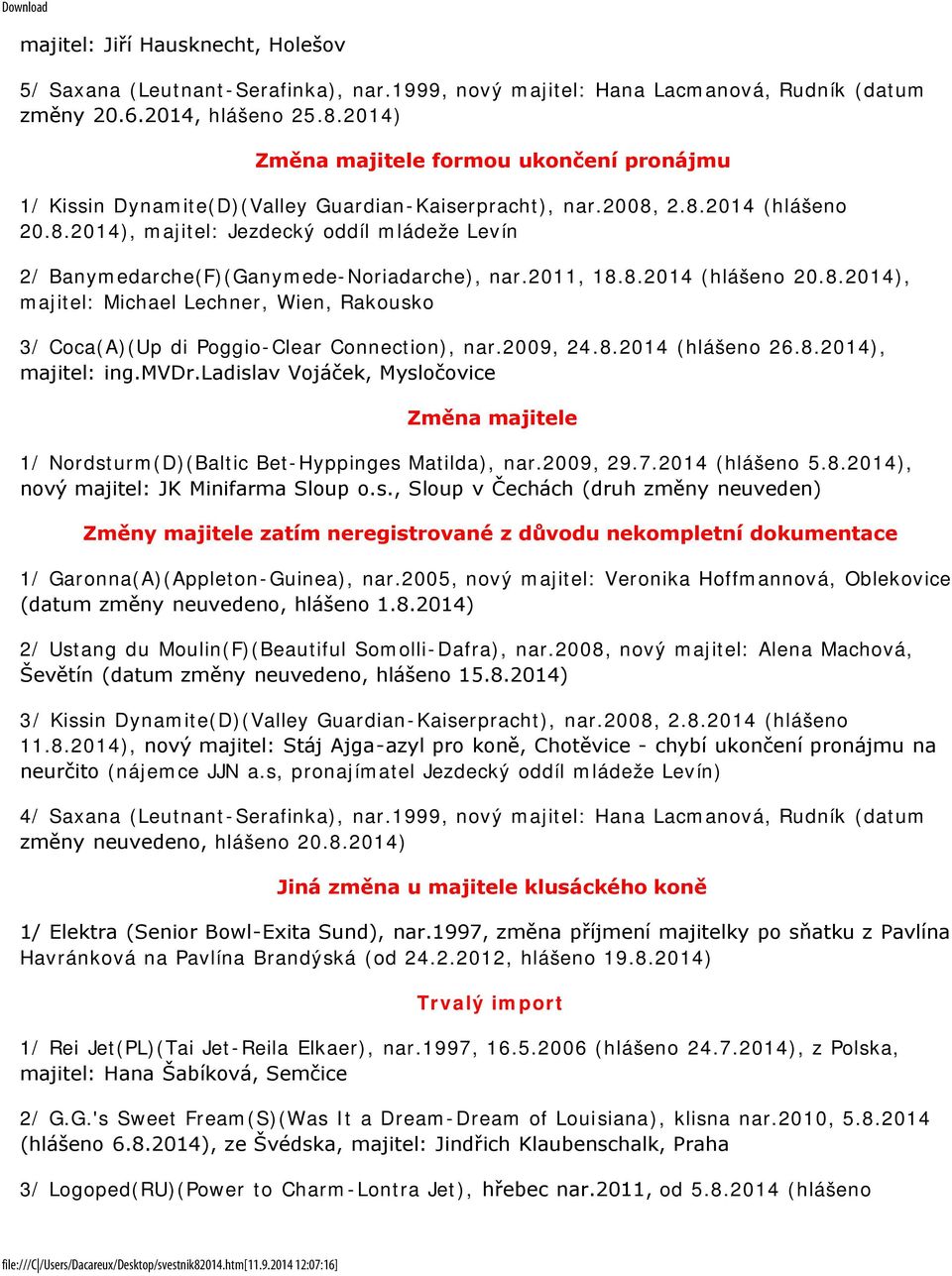 2011, 18.8.2014 (hlášeno 20.8.2014), majitel: Michael Lechner, Wien, Rakousko 3/ Coca(A)(Up di Poggio-Clear Connection), nar.2009, 24.8.2014 (hlášeno 26.8.2014), majitel: ing.mvdr.