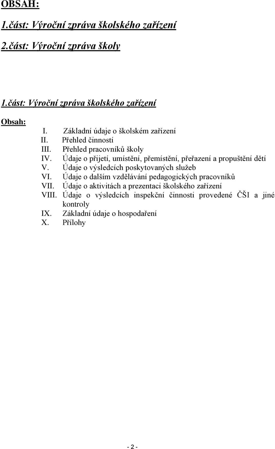 Údaje o přijetí, umístění, přemístění, přeřazení a propuštění dětí V. Údaje o výsledcích poskytovaných služeb VI.