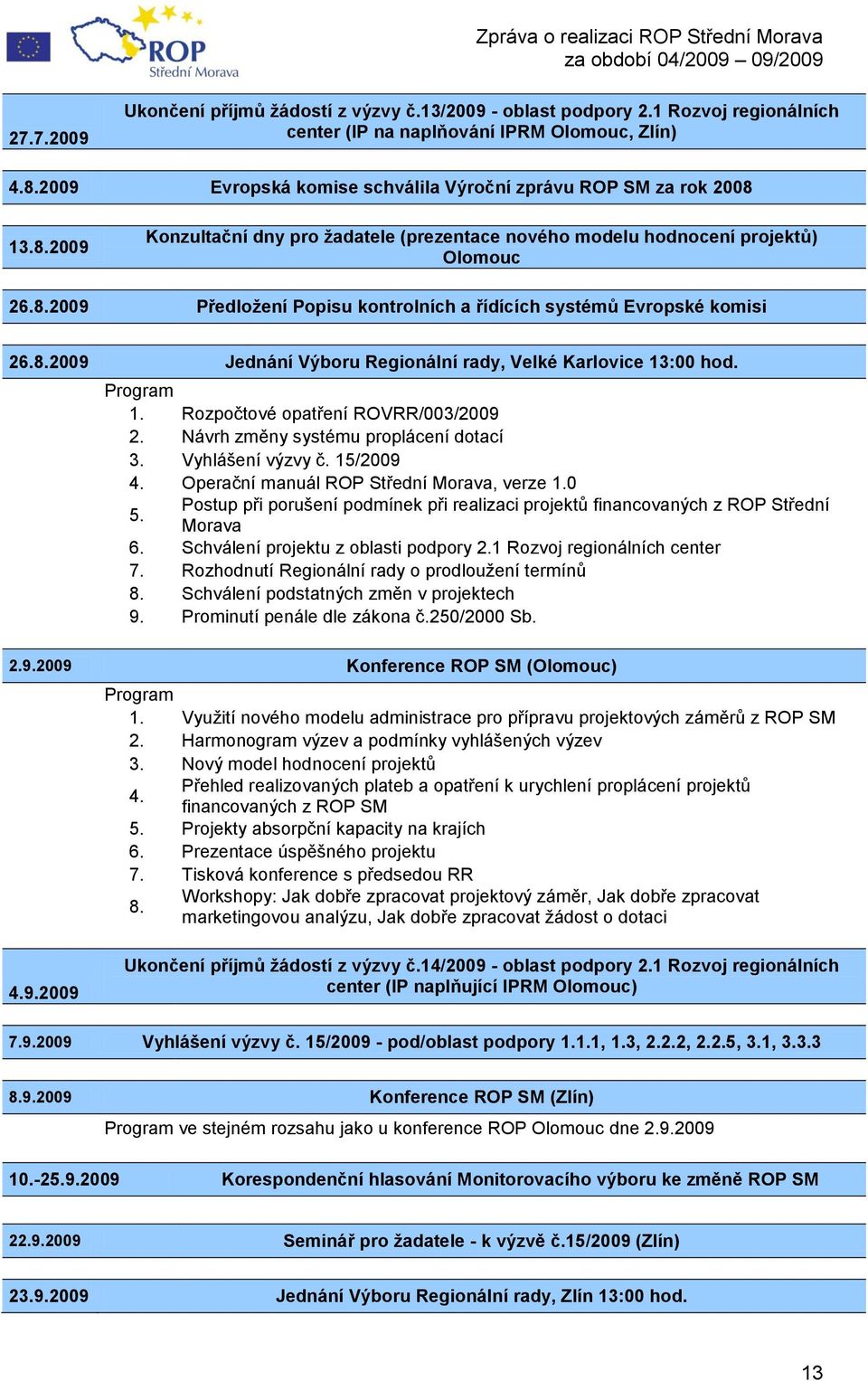 8.2009 Jednání Výboru Regionální rady, Velké Karlovice 13:00 hod. Program 1. Rozpočtové opatření ROVRR/003/2009 2. Návrh změny systému proplácení dotací 3. Vyhlášení výzvy č. 15/2009 4.