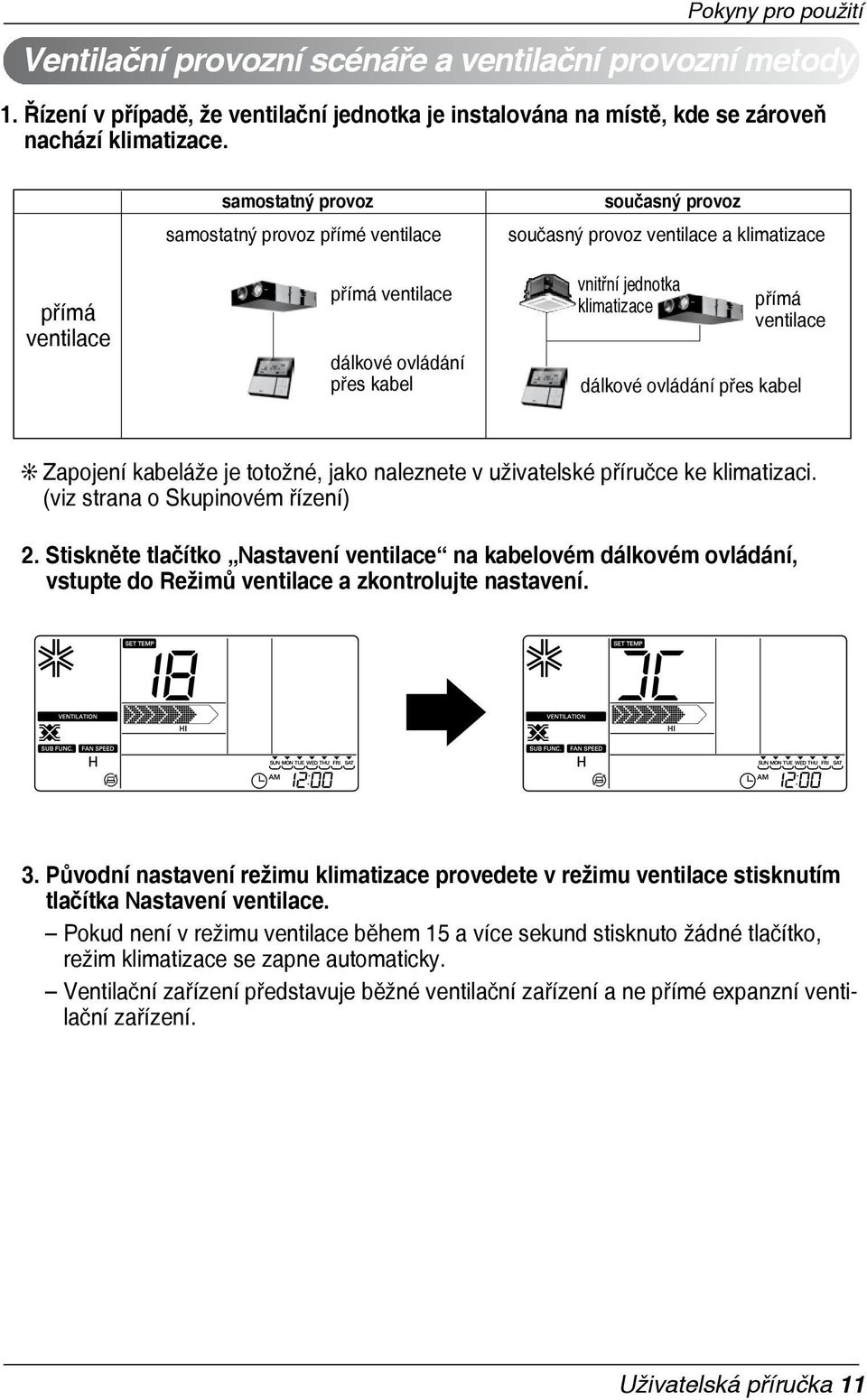 přímá ventilace dálkové ovládání přes kabel Zapojení kabeláže je totožné, jako naleznete v uživatelské příručce ke klimatizaci. (viz strana o Skupinovém řízení) 2.