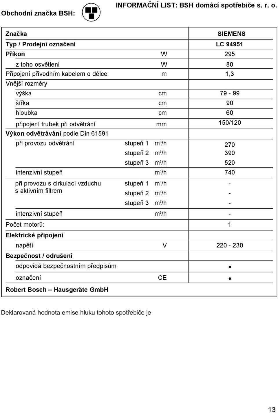 připojení trubek při odvětrání mm 150/120 Výkon odvětrávání podle Din 61591 při provozu odvětrání stupeň 1 m 3 /h 270 stupeň 2 m 3 /h 390 stupeň 3 m 3 /h 520 intenzivní stupeň m 3