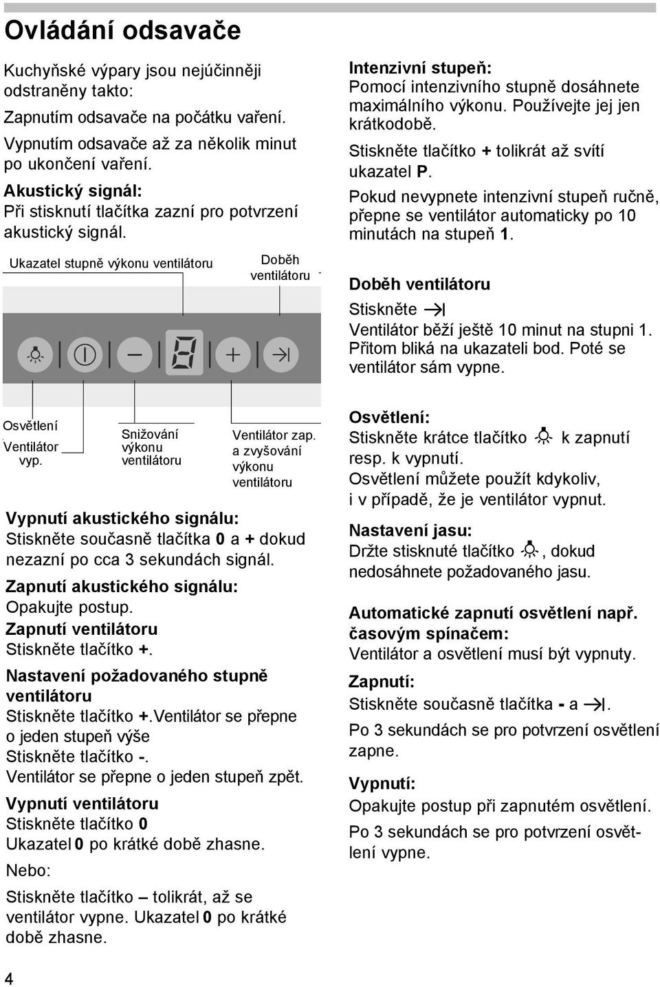 Ukazatel stupně výkonu ventilátoru Doběh ventilátoru Intenzivní stupeň: Pomocí intenzivního stupně dosáhnete maximálního výkonu. Používejte jej jen krátkodobě.