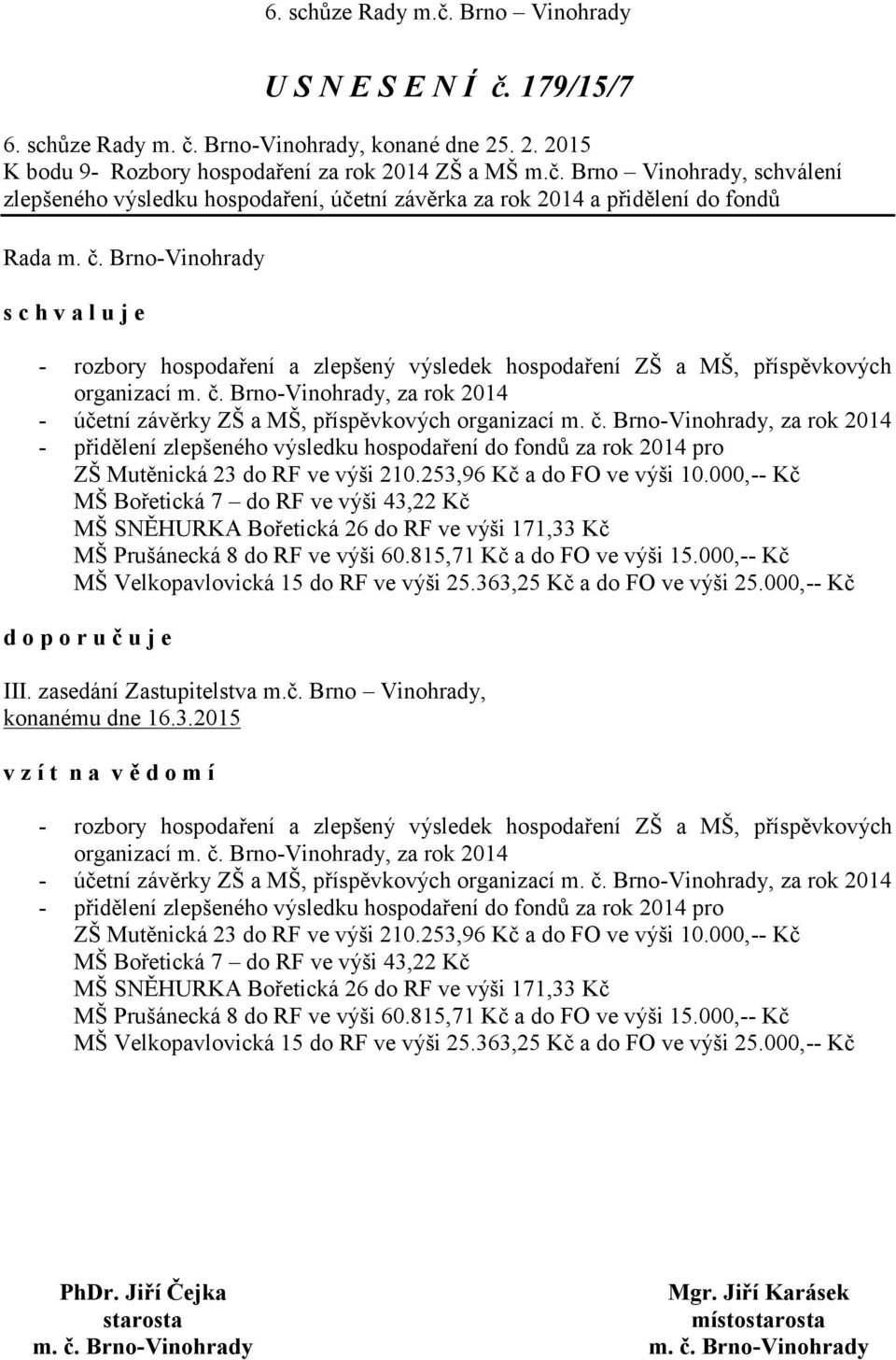 Brno Vinohrady, schválení zlepšeného výsledku hospodaření, účetní závěrka za rok 2014 a přidělení do fondů Rada - rozbory hospodaření a zlepšený výsledek hospodaření ZŠ a MŠ, příspěvkových