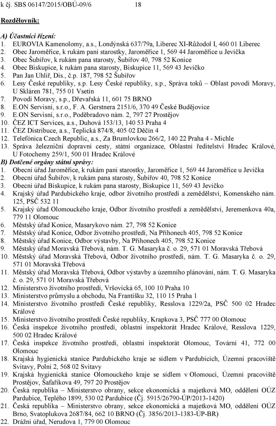 Obec Biskupice, k rukám pana starosty, Biskupice 11, 569 43 Jevíčko 5. Pan Jan Uhlíř, Dis., č.p. 187, 798 52 Šubířov 6. Lesy České republiky, s.p. Lesy České republiky, s.p., Správa toků Oblast povodí Moravy, U Skláren 781, 755 01 Vsetín 7.