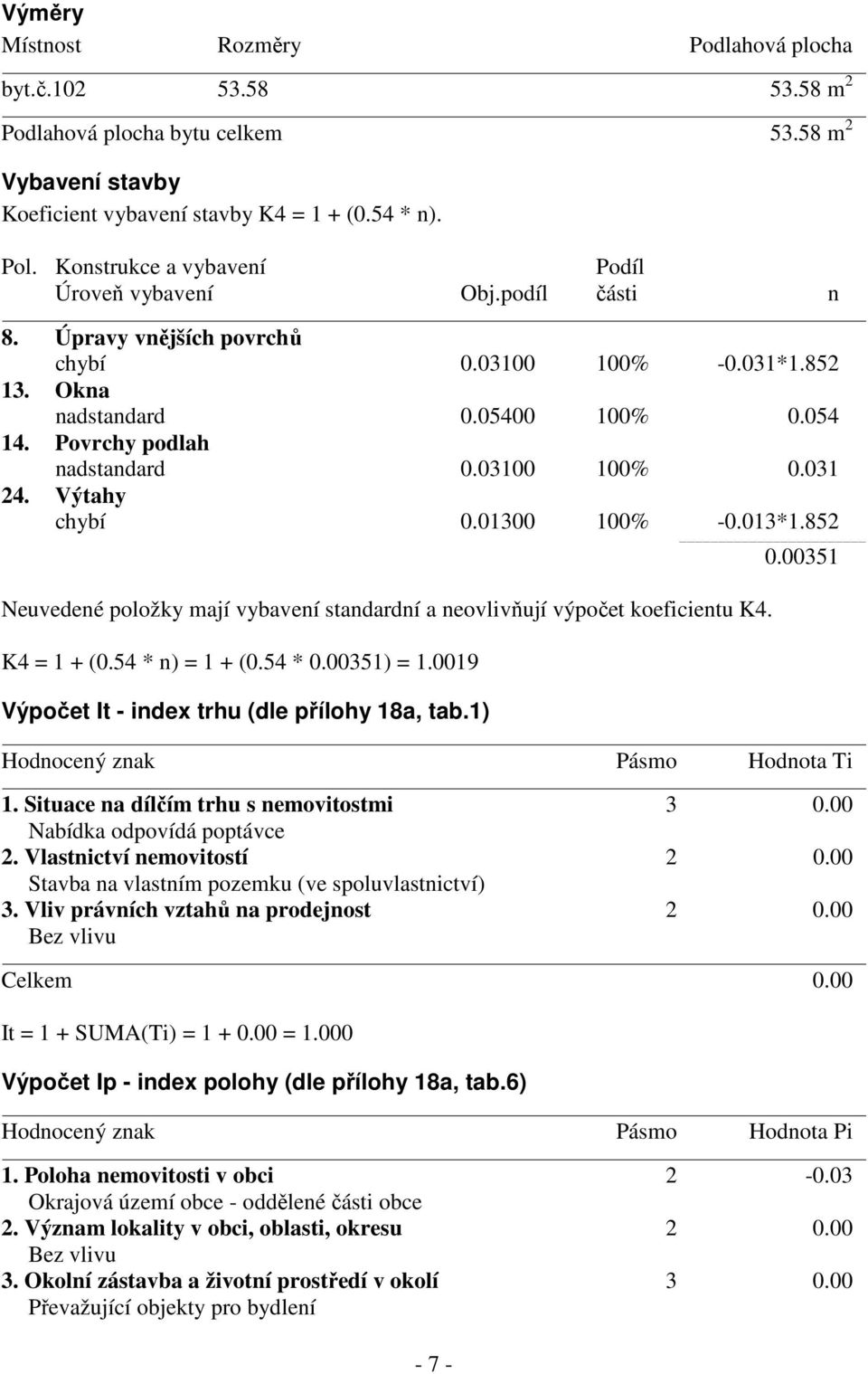 03100 100% 0.031 24. Výtahy chybí 0.01300 100% -0.013*1.852-7 - 0.00351 Neuvedené položky mají vybavení standardní a neovlivňují výpočet koeficientu K4. K4 = 1 + (0.54 * n) = 1 + (0.54 * 0.00351) = 1.