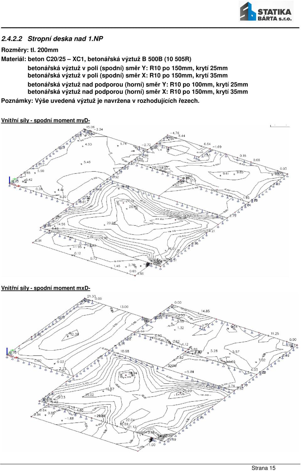 25mm betonářská výztuž v poli (spodní) směr X: R10 po 150mm, krytí 35mm betonářská výztuž nad podporou (horní) směr Y: R10 po 100mm,