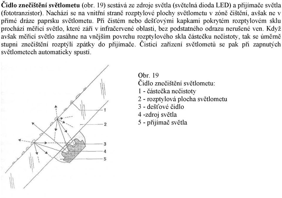 Při čistém nebo dešťovými kapkami pokrytém rozptylovém sklu prochází měřicí světlo, které září v infračervené oblasti, bez podstatného odrazu nerušené ven.