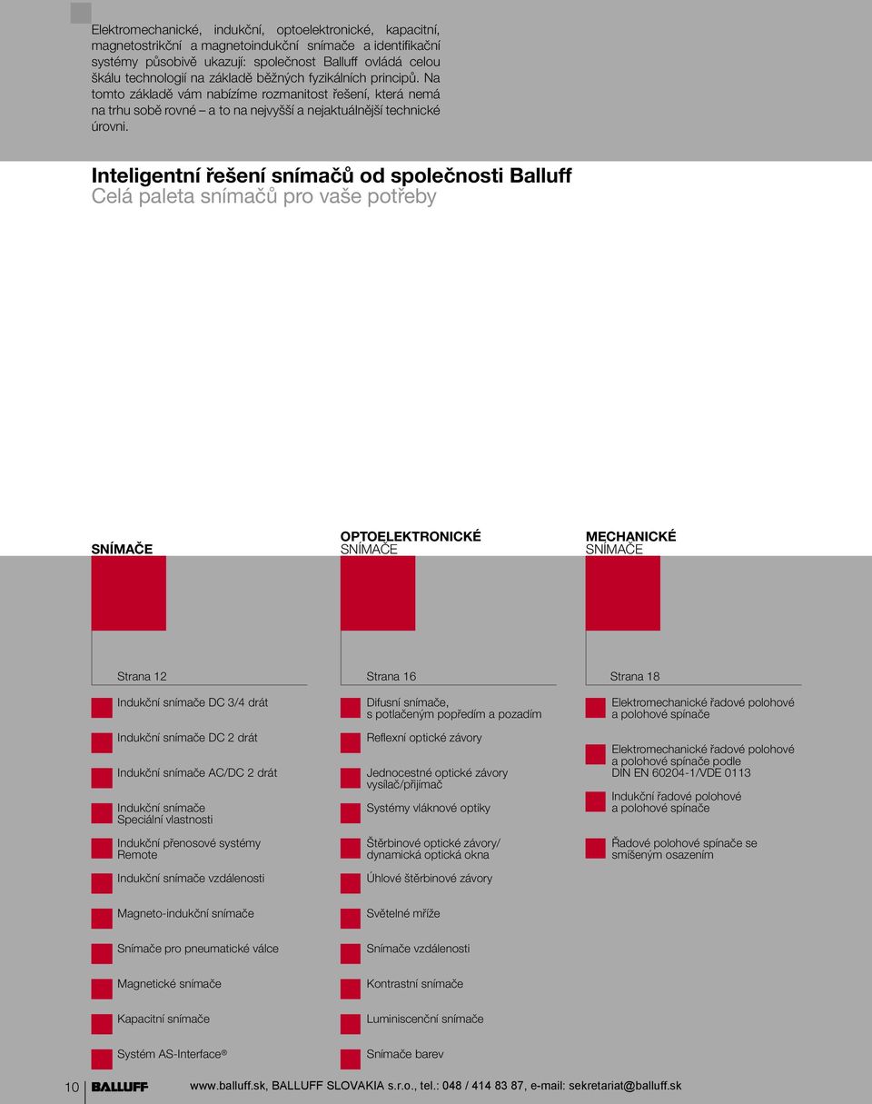 Inteligentní řešení snímačů od společnosti Balluff Celá paleta snímačů pro vaše potřeby SNÍMAČE OPTOELEKTRONICKÉ SNÍMAČE MECHANICKÉ SNÍMAČE Strana 12 Strana 16 Strana 18 Indukční snímače DC 3/4 drát