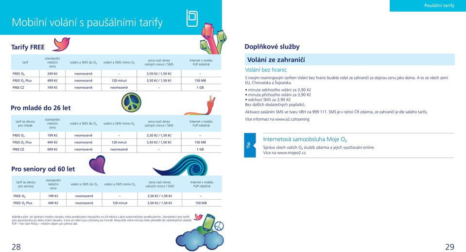 a SMS do O 2 volání a SMS mimo O 2 cena nad rámec volných minut SMS Internet v mobilu FUP měsíčně Doplňkové služby Volání ze zahraničí Volání bez hranic S novým roamingovým tarifem Volání bez hranic