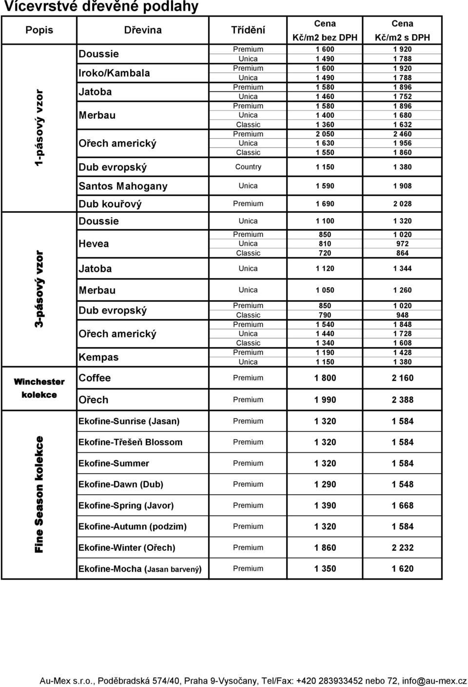 Country 1 150 1 380 Santos Mahogany Unica 1 590 1 908 Dub kouřový Premium 1 690 2 028 Fine Season kolekce 3-pásový vzor Winchester kolekce Doussie Unica 1 100 1 320 Hevea Premium 850 1 020 Unica 810