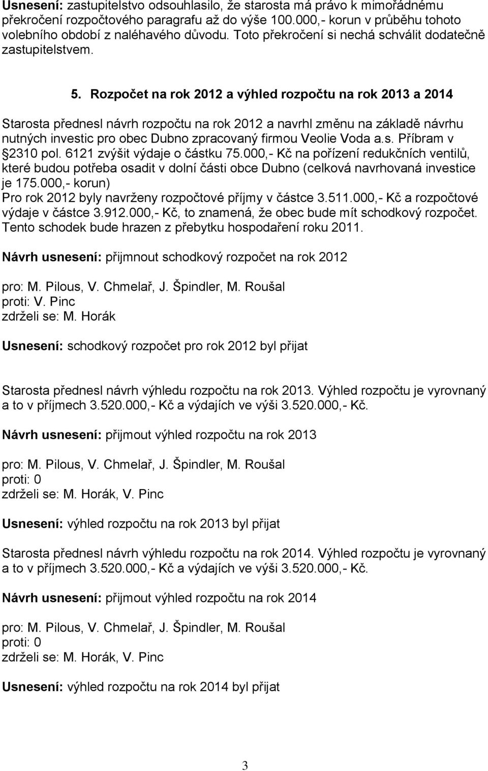 Rozpočet na rok 2012 a výhled rozpočtu na rok 2013 a 2014 Starosta přednesl návrh rozpočtu na rok 2012 a navrhl změnu na základě návrhu nutných investic pro obec Dubno zpracovaný firmou Veolie Voda a.