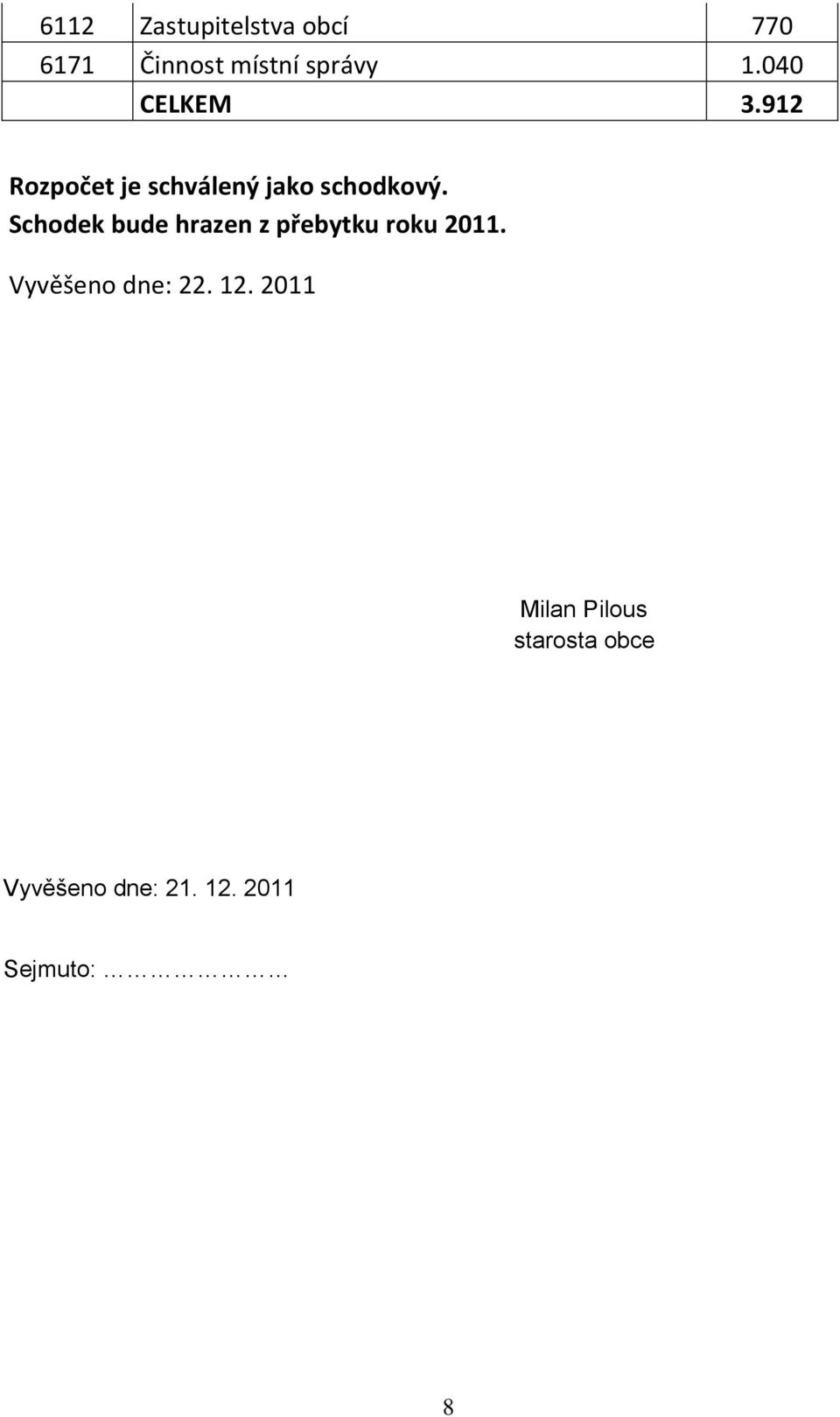 Schodek bude hrazen z přebytku roku 2011. Vyvěšeno dne: 22.