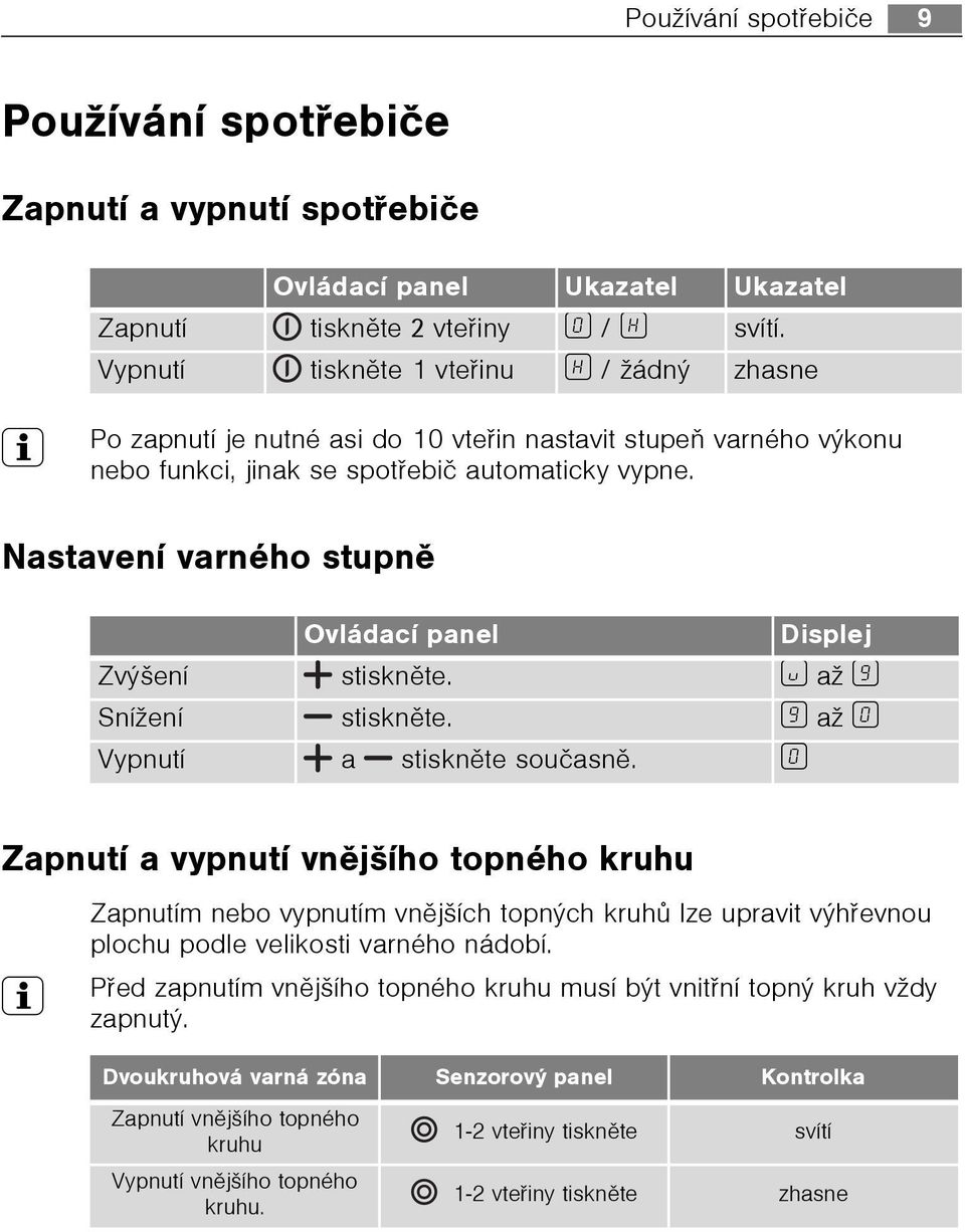 Nastavení varného stupnì Ovládací panel Displej Zvýšení stisknìte. u až Ç Snížení stisknìte. Ç až ¾ Vypnutí a stisknìte souèasnì.