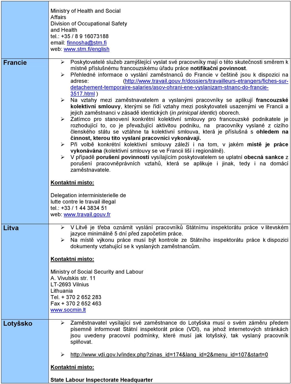 Přehledné informace o vyslání zaměstnanců do Francie v češtině jsou k dispozici na adrese: (http://www.travail.gouv.